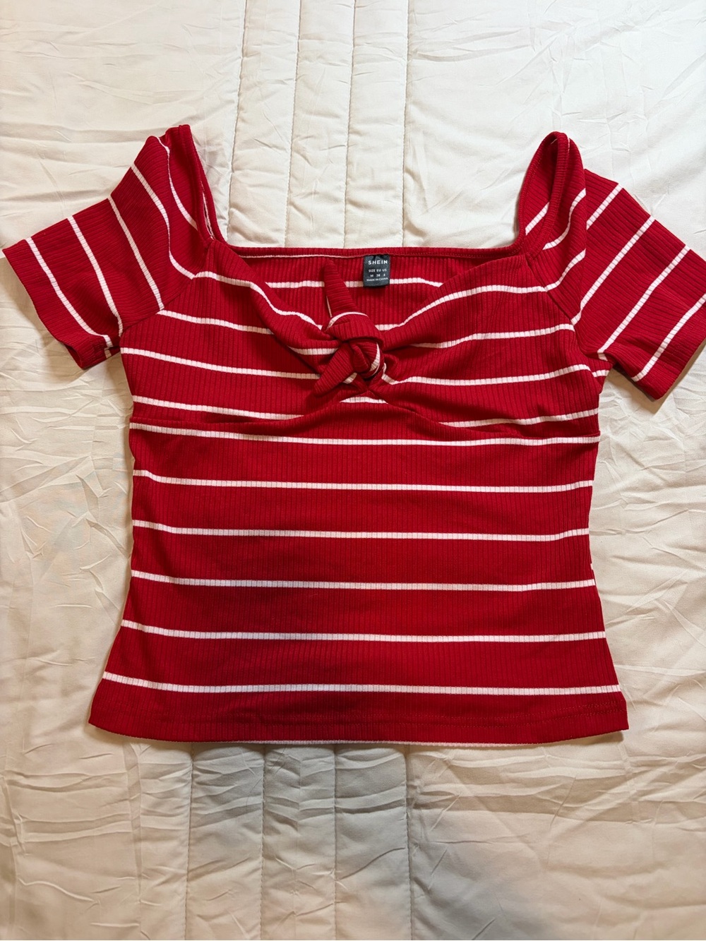 SHEIN Red & White Striped Knot-Front Off-Shoulder Crop Top